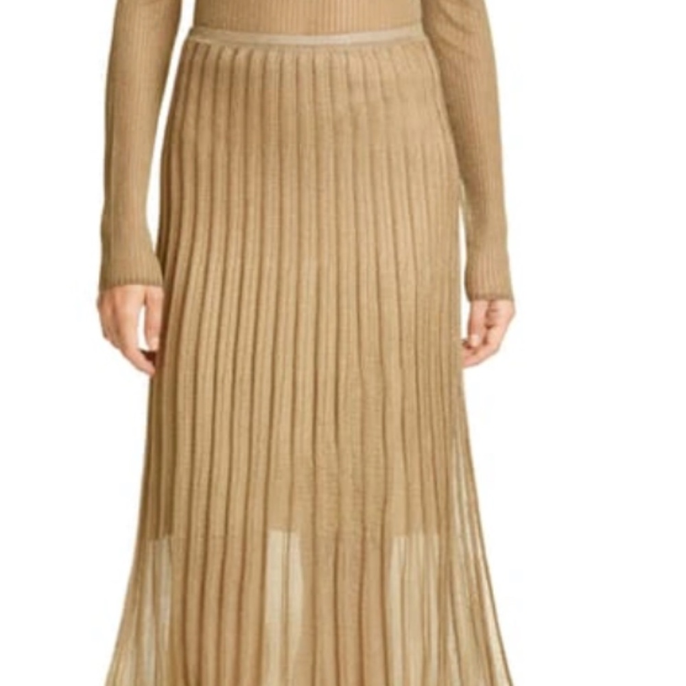VINCE Pleated Metallic Crochet-Knit Midi Skirt Bronze - Picture 9 of 11